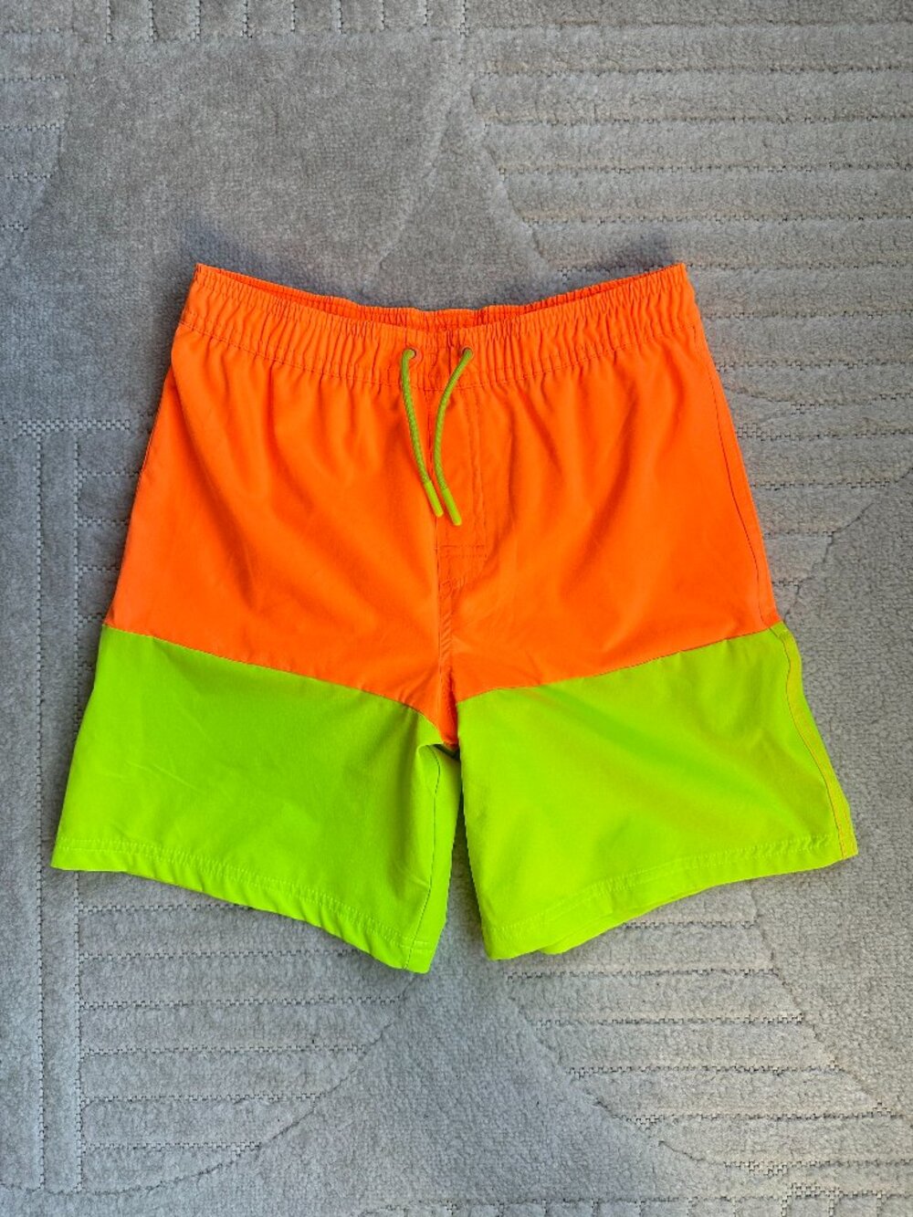 Ocean Gear Boys Swim Trunks L 10-12 Neon Orange Lime Green Colorblock Shorts